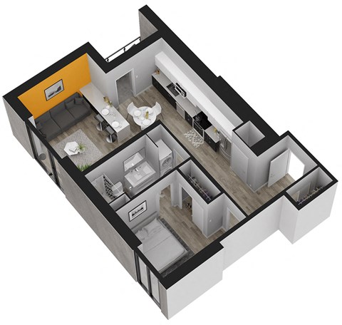 Floor plan for 1 bed, 1 bath, 690 sqft
